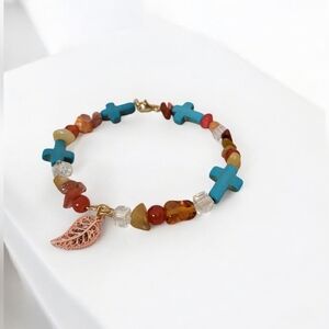 Turquoise Cross Cooper Austrian Cubic Crystal Beaded Leaf Charm Bracelet